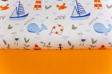 Stoffpaket French Terry + Bündchen mit Walen und Leuchttürmen, weiß, orange